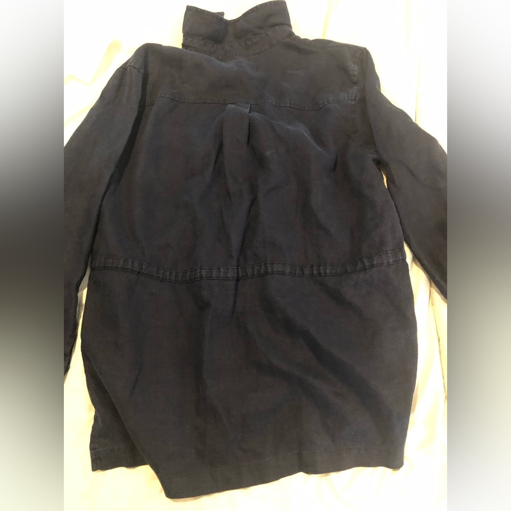 100% Linen Button Up Jacket Drawstring Navy Euc - image 2